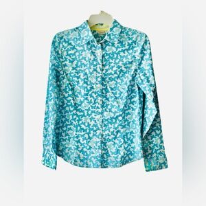 L.L. Bean Women’s Butterfly Print Button DownShirt White And Turquoise Size S